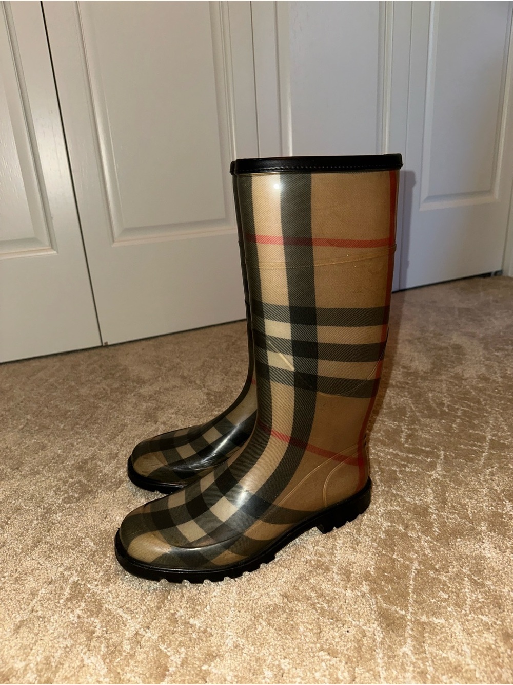Burberry Women’s Classic Check Tall Rain Boots in Beige/Black - Picture 2 of 6